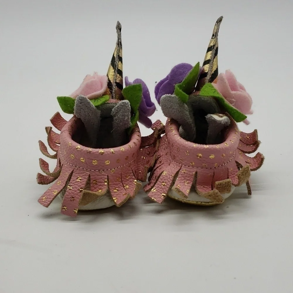 UNICORN baby slippers leather upper leather lining white pink felt flower fringe